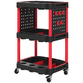 3-Tier Rolling Tool Cart, 200 LBS Capacity Plastic Utility Cart with Side Shelves for Garage, Workshop, Black and Red