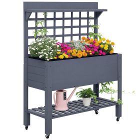 41" Raised Garden Bed Mobile Elevated Wooden Planter Box Stand with Wheels, Trellis and Storage Shelf, Gray