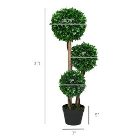 3ft Artificial Tree, Triple Ball Boxwood Topiary With Pot And Sandalwood Leaves, For Indoor Outdoor Home
