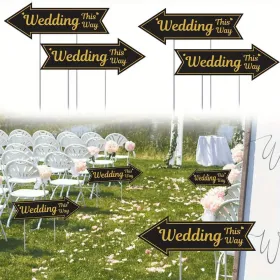 4 Pieces Wedding This Way Sign With Stake Black Golden Arrow Shaped Garden Signs Double Sided Corrugated Plastic Wedding Road Sign