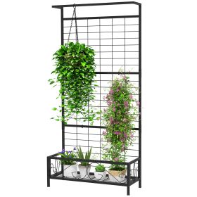 Metal Tall Plant Stand with Trellis and Hanging Bar, Plant Holder for Indoor Outdoor Use, 35" x 12.8" x 74", Black
