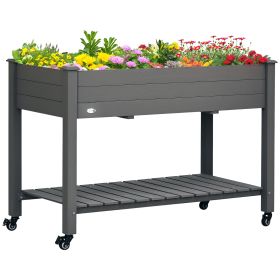 47" x 21" Raised Garden Bed Elevated Wooden Planter Box w/ Lockable Wheels, Storage Shelf for Backyard, Dark Gray