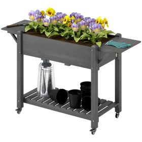 Wood Raised Planter Box, Elevated Garden Bed with Lockable Wheels, Side Tables, Bottom Shelf, Drain Holes, Gray