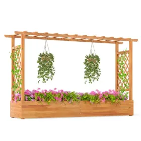 Wooden Raised Garden Bed With Trellis & Flat Roof, Open-Ended Base Planter Box For Climbing Plants/Vegetables/Flowers