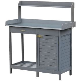 Outdoor Potting Bench Table, Garden Work Station with Storage Cabinet, Open Shelf and Steel Tabletop, Gray