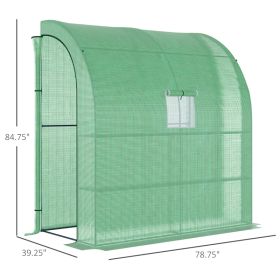 Lean To Greenhouse, Walk-In Green House, Plant Nursery With 2 Roll-up Doors And Windows, PE Cover And 3 Wire Shelves, Green