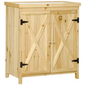 Garden Storage Cabinet, Outdoor Tool Shed with Galvanized Top and Two Shelves for Yard Tools or Pool Accessories, Natural