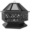 28" Outdoor Fire Pit with Grill Hexagon Fireplace Wood Burning Firepit with Cooking Grate, Fire Poker, Spark Screen Lid