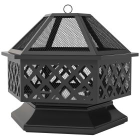 28" Outdoor Fire Pit with Grill Hexagon Fireplace Wood Burning Firepit with Cooking Grate, Fire Poker, Spark Screen Lid