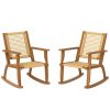 Outdoor Lawn Rocking Chair Set of 2, Acacia Wood Patio Rocking Chairs with Wicker Back and Seat for Garden, Khaki
