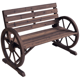 Wagon Wheel Bench Rustic 2-Person Outdoor Patio Carbonized Finish with Backrest