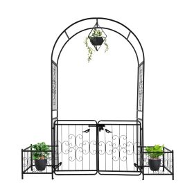 7.2ft Black Iron Garden Arch with Arched Top and Gate Metal Arbor Trellis with Planter Boxes Outdoor Decorative Archway for Climbing Plants Backyard L