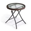 Outdoor Side Table, Round Rattan Patio Side Table, Small Foldable Wicker Table with Tempered Glass Table Top for Lawn Garden Balcony Porch Deck Pool