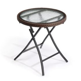 Outdoor Side Table, Round Rattan Patio Side Table, Small Foldable Wicker Table with Tempered Glass Table Top for Lawn Garden Balcony Porch Deck Pool