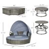 4pc Rattan Patio Furniture Set, Convertible Round Daybed/Sunbed, Adjustable Sun Canopy, Sectional Sofa, 2 Chairs, Table