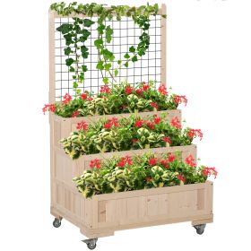 3-Tiers Raised Garden Bed with Trellis, 53" H Vertical Planter Box with Wheels & Back Storage Area, for Flowers, Vegetables, Herbs, Natural