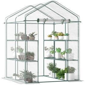 Mini Walk-in Greenhouse Kit, Portable Green House With 3 Tier Shelves, Roll-Up Door, And Weatherized Plastic Cover For Backyard Garden, Clear