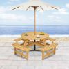 Outdoor 6 Person Picnic Table, 6 person Round Picnic Table with 3 Built-in Benches, Umbrella Hole, Outside Table and Bench Set for Garden, Backyard
